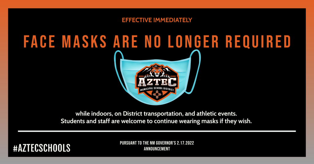 A picture of a mask with the AMSD logo and text stating that face masks are no longer required