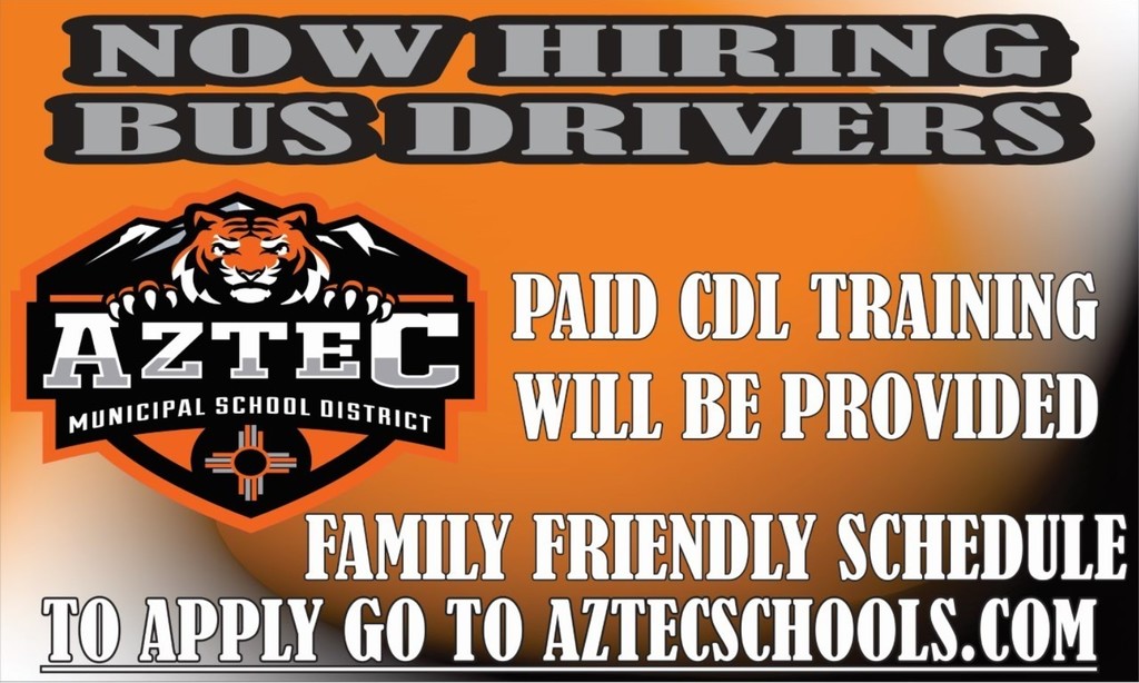 An Image of the AMSD Logo and text stating Now Hiring Bus Drivers Paid CDL Training will be provided go to the AMSD Website. 