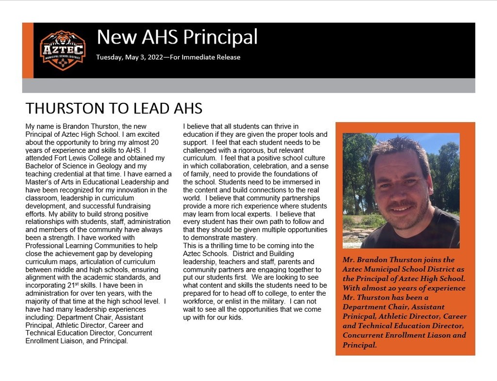 A picture of the new principal Mr. Brandon Thurston along with text describing his background. For more information please contact the AMSD HR office