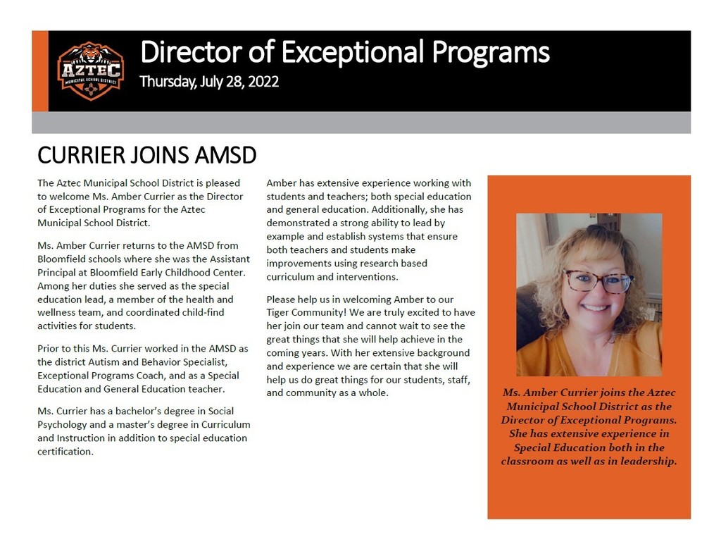 A picture announcing Ms. Amber Currier as the Director of Exceptonal Programs of the AMSD. For additional information please call the AMSD at 505-334-9474