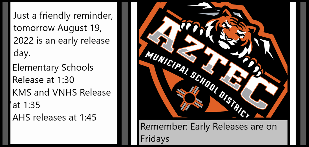A picture of the AMSD logo and a reminder that early release is tomorrow. 
