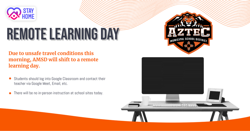 A picture of a computer and the AMSD Logo and text stating it is a remote learning day