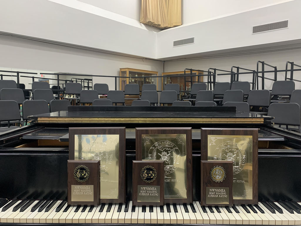 A picture of the awards that the AMSD choirs won along with a piano and chairs in the choir classroom.
