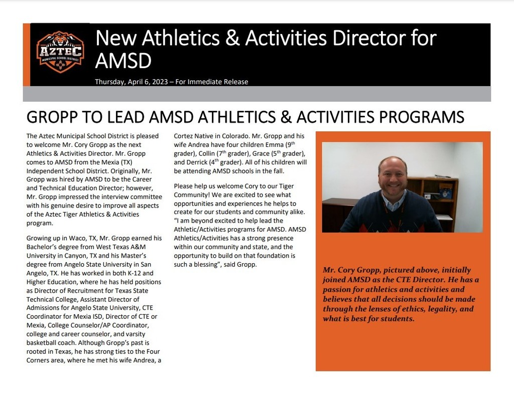 Picture features the AMSD logo and a Picture of Mr. Cory Gropp along with text announcing his  new role as Athletics and Activities Director. Additional information about Mr. Gropp's educational and professional background is included. 