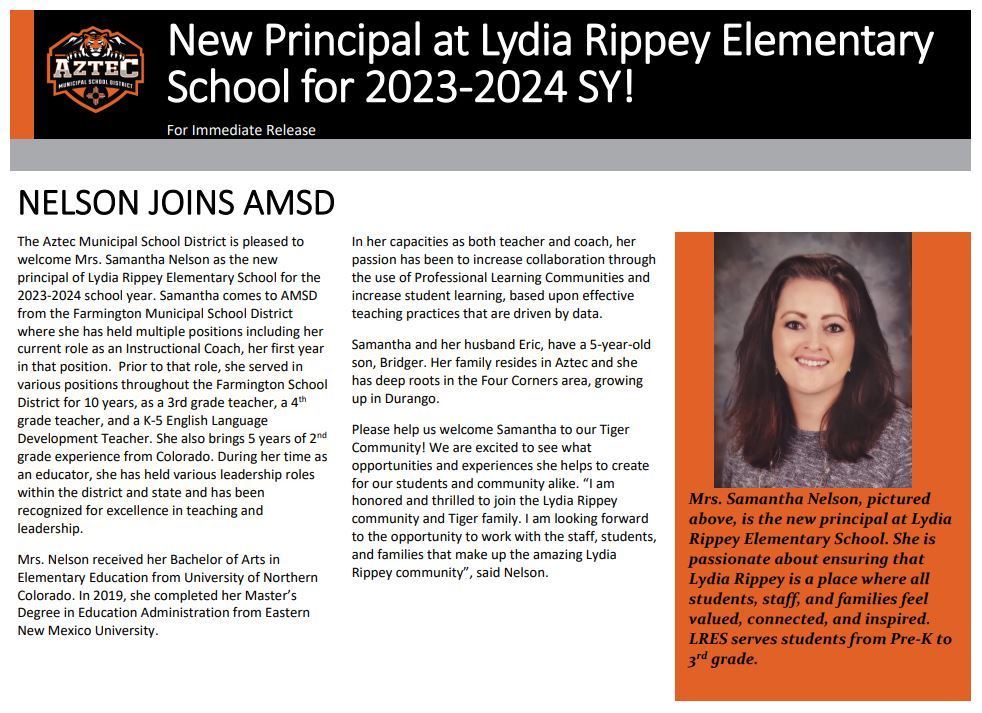 A picture of Ms. Samantha Nelson and an announcement that she will be the new Principal at Lydia Rippey Elementary Schools
